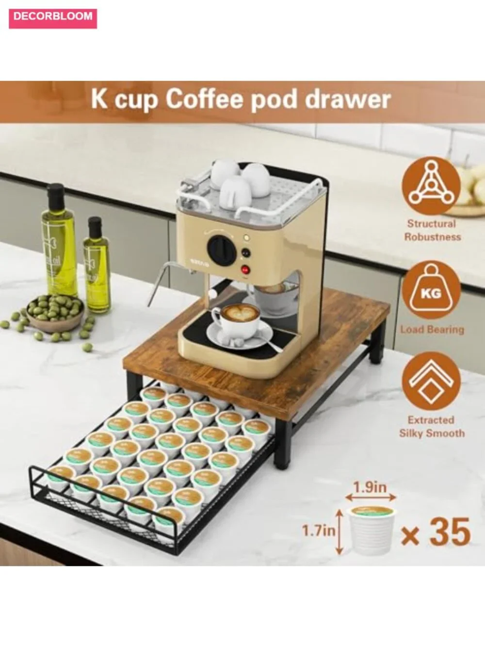 Wooden Coffee Pod Holder 35 Capacity Sliding Drawer for K-Cup